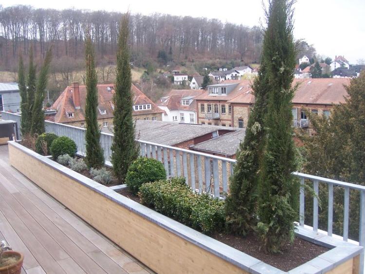 Terrasse aus Bangkirai- Holz, Blumenkübel dazu aus Lärche